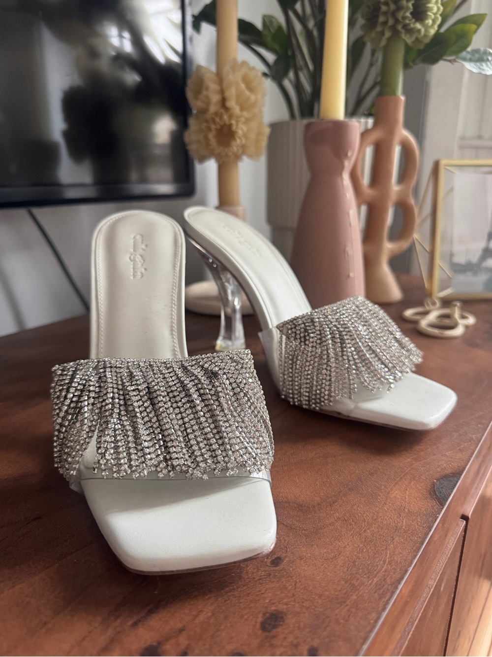 Cult Gaia White Crystal Fringe Slide Heels - NWOT